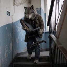 Волк несёт офисный стул