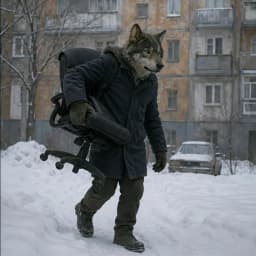 Волк несёт стул по двору