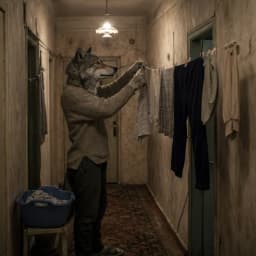Волк развешивает бельё