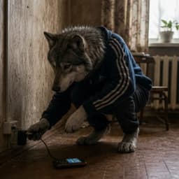 Волк заряжает телефон